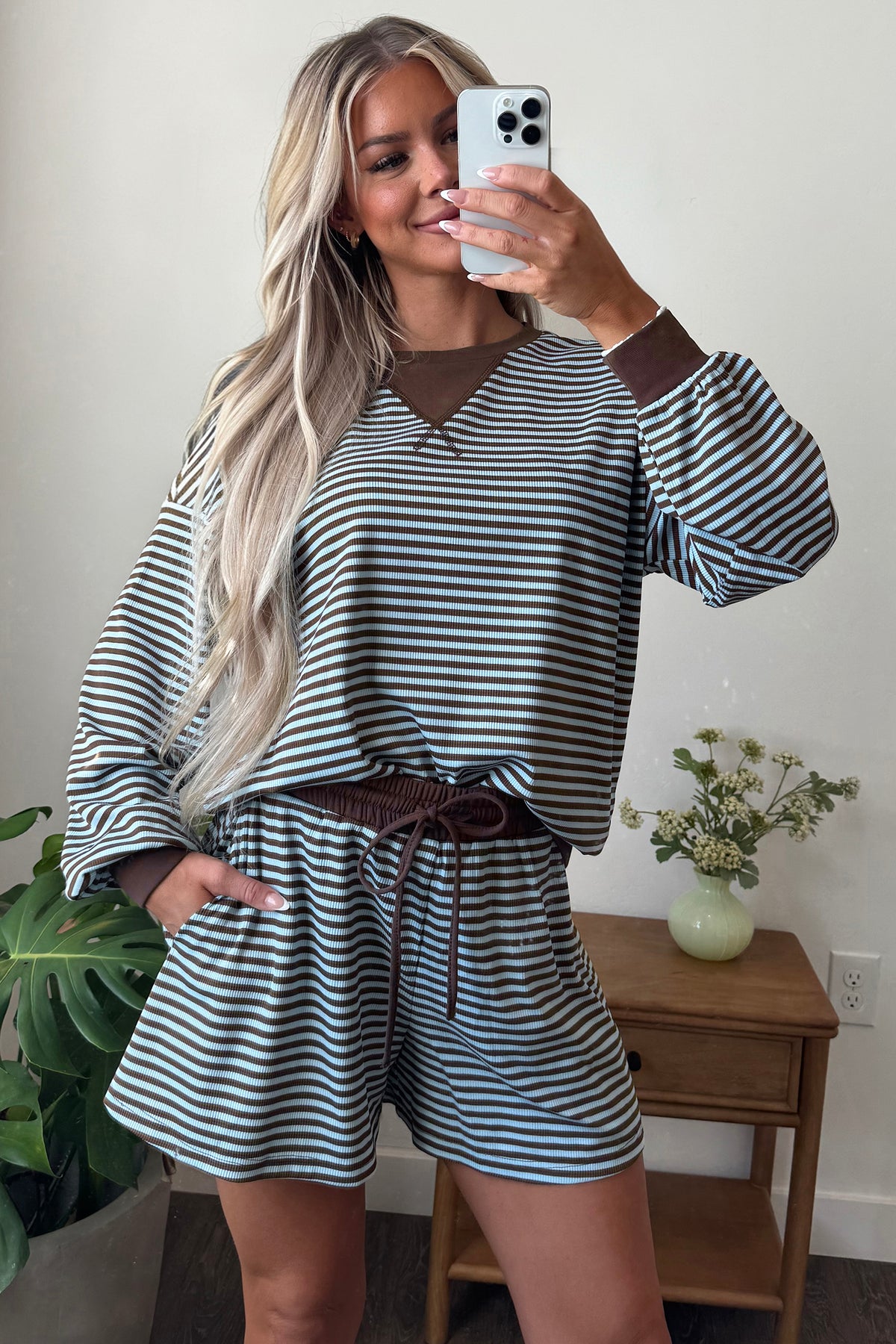 Brown Stripe Oversized Long-Sleeve Top and Drawstring Shorts Set
