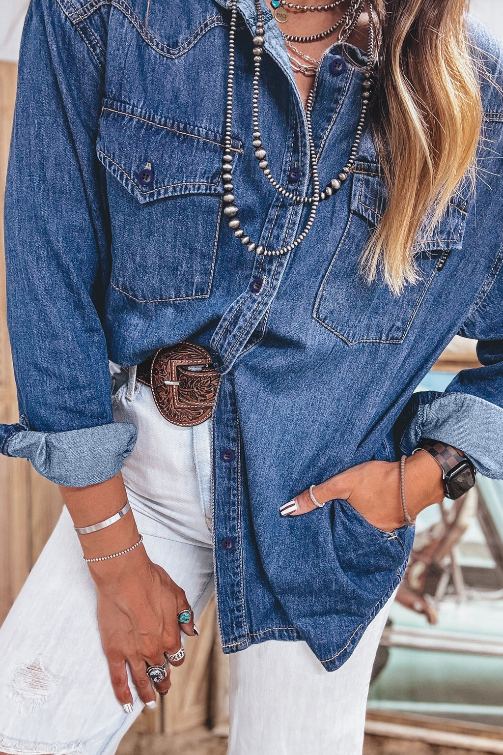 Sail Blue Western Pocket Denim Tunic Shirt