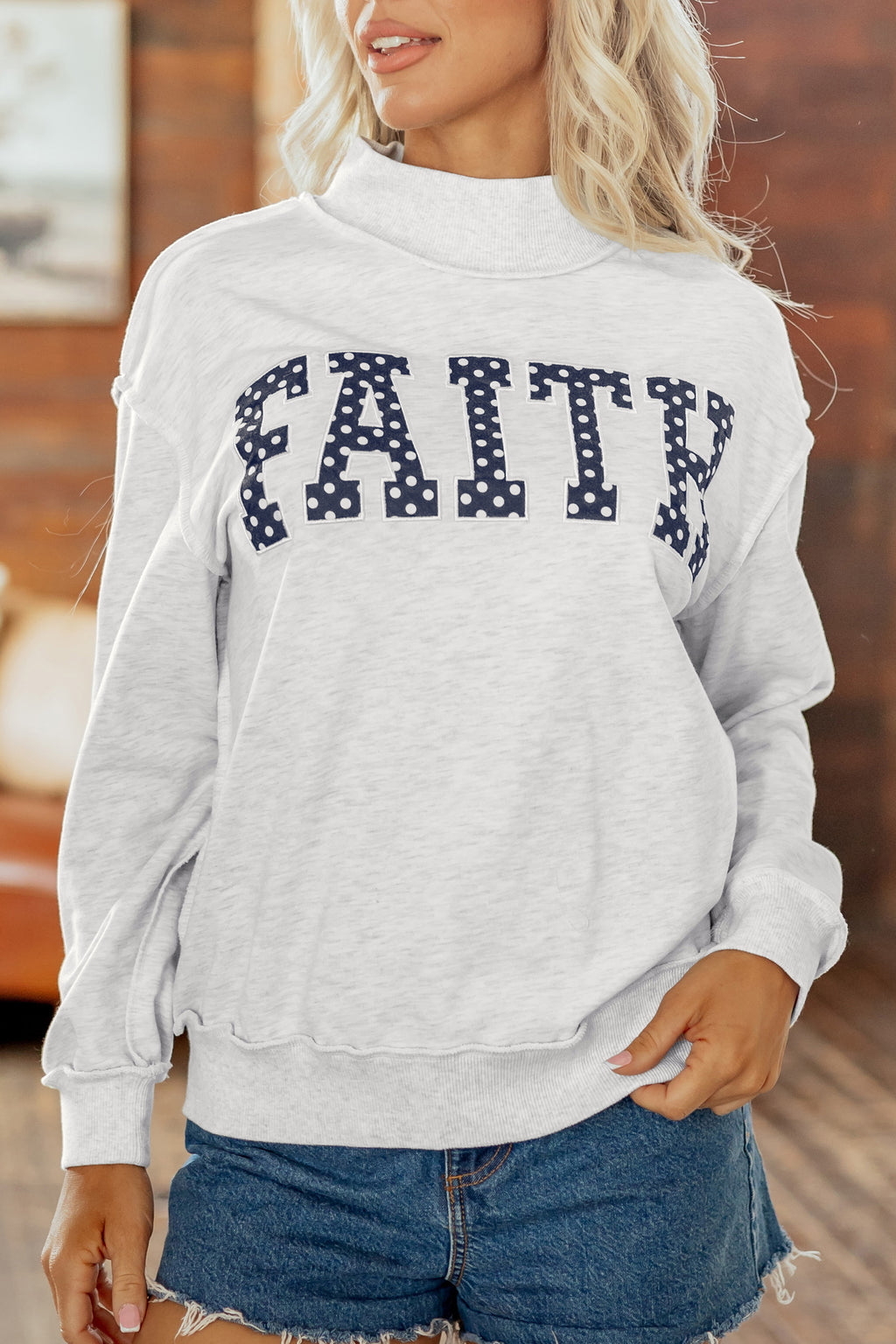 Light Grey FAITH Polka-Dot High-Neck Sweatshirt
