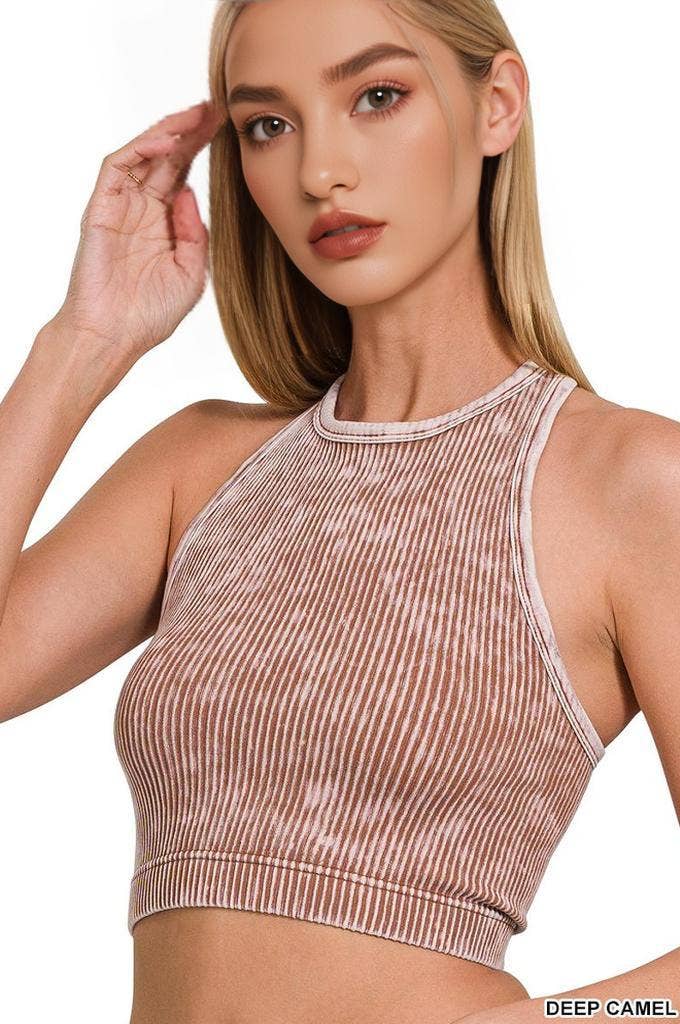 Washed Rib Seamless Halter Crop Tank