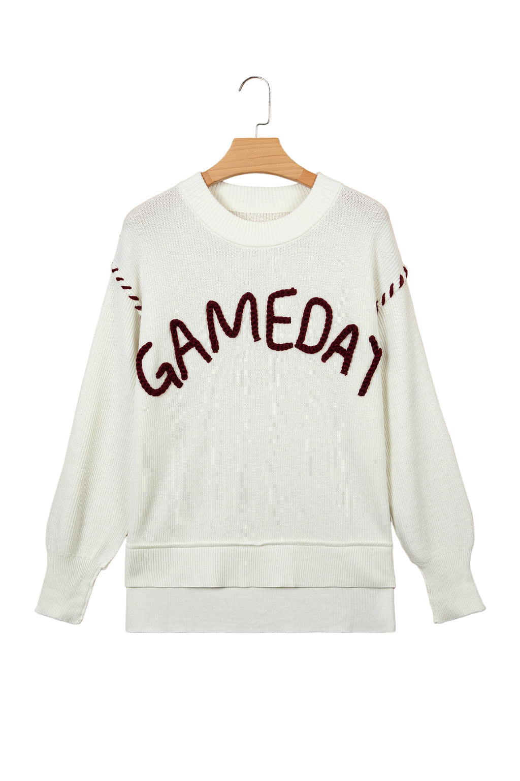 Beige Game Day Embroidered Drop-Shoulder Sweater
