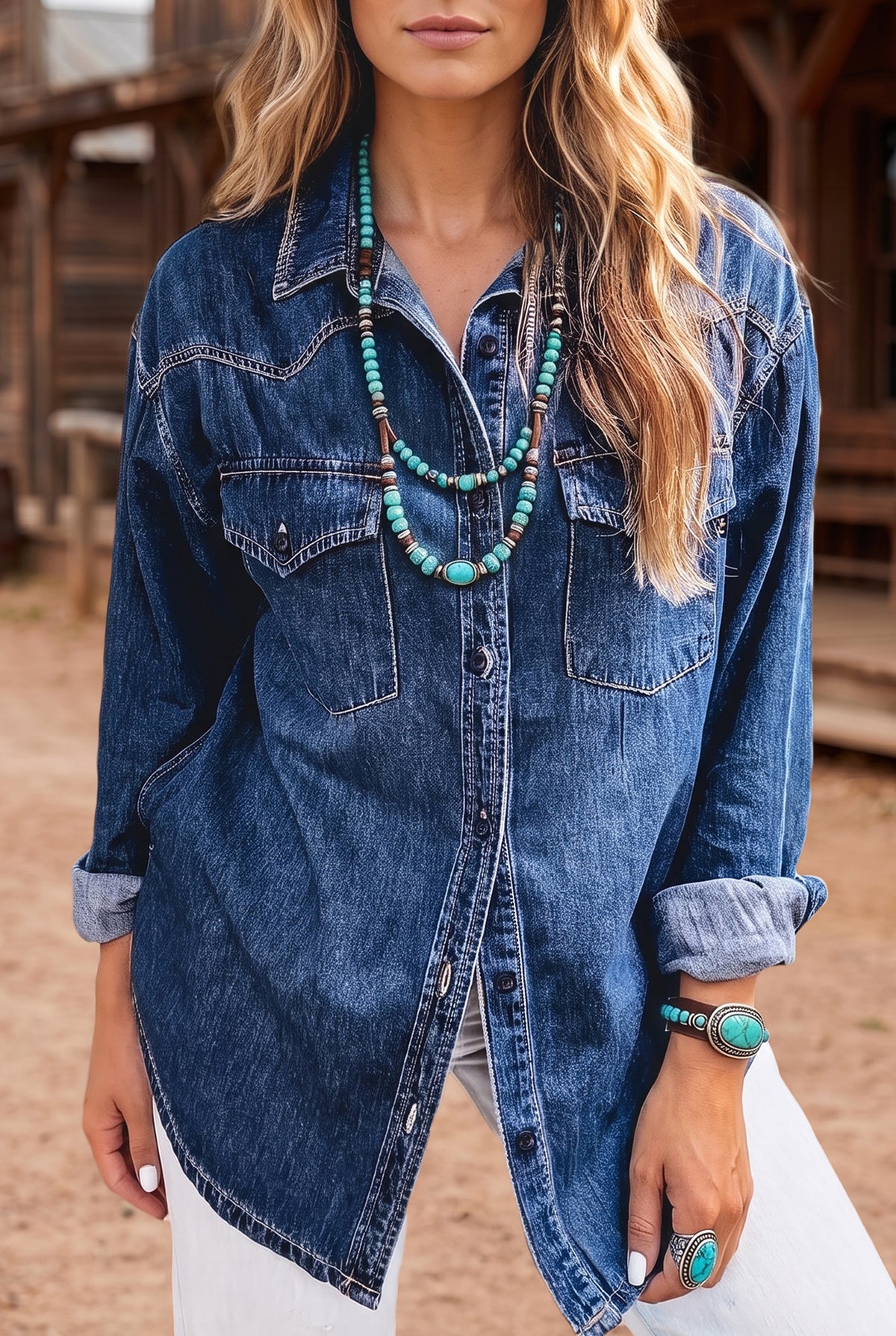 Sail Blue Western Pocket Denim Tunic Shirt