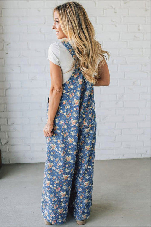 Blue Vintage Rose Pleated Wide-Leg Denim Overalls