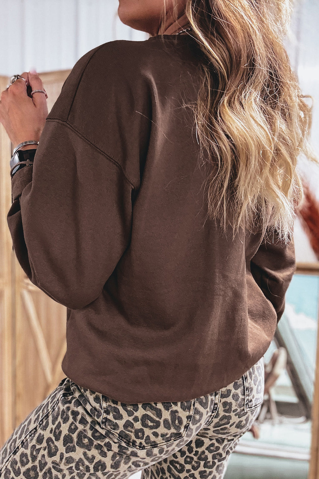 Coffee Floral Buffalo Plaid Striped Embroidered Patch Western Pullover Sweatshirt