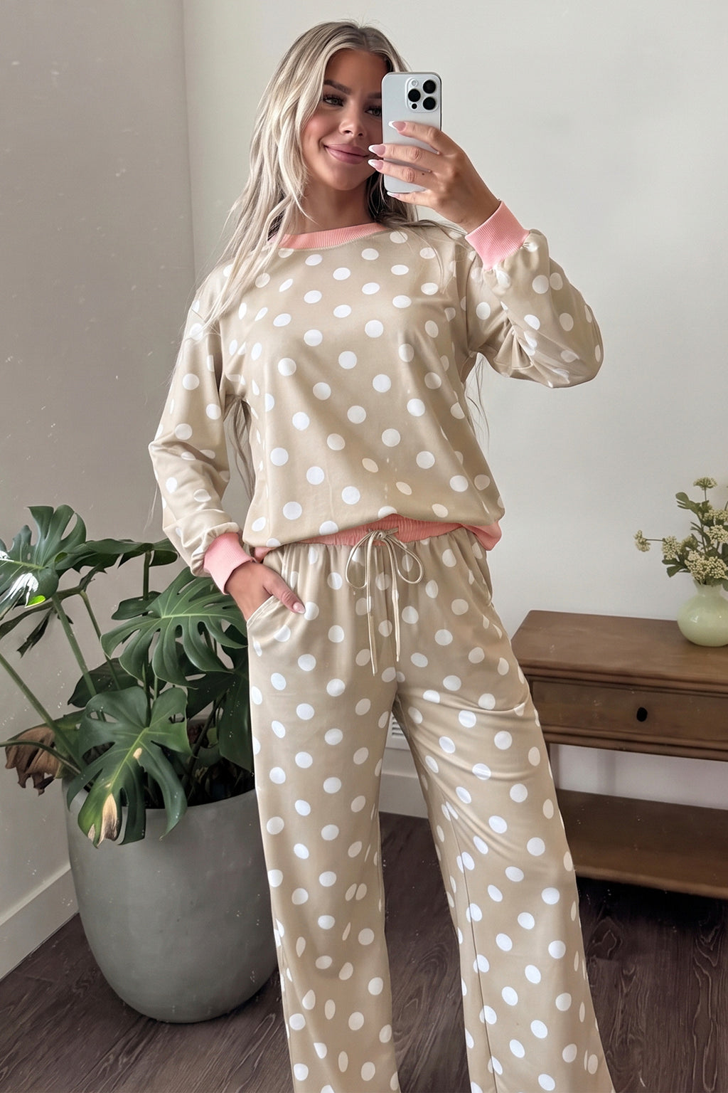 Khaki Polka-Dot Contrast-Trim Top and Drawstring Pants Set