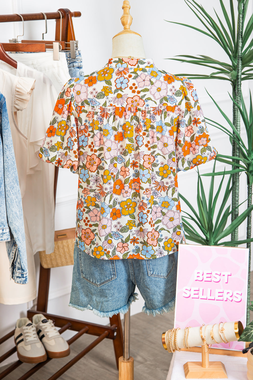 Multicolour Crochet V Neckline Puff Sleeve Boho Flower Blouse