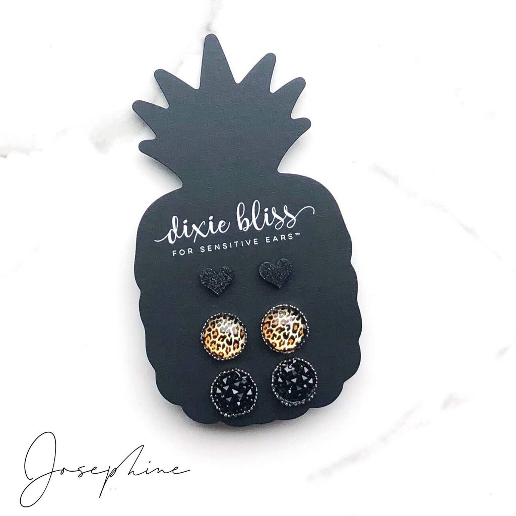 Josephine Earring Trio — Black Glitter, Amber Cheetah & Black Diamond Studs