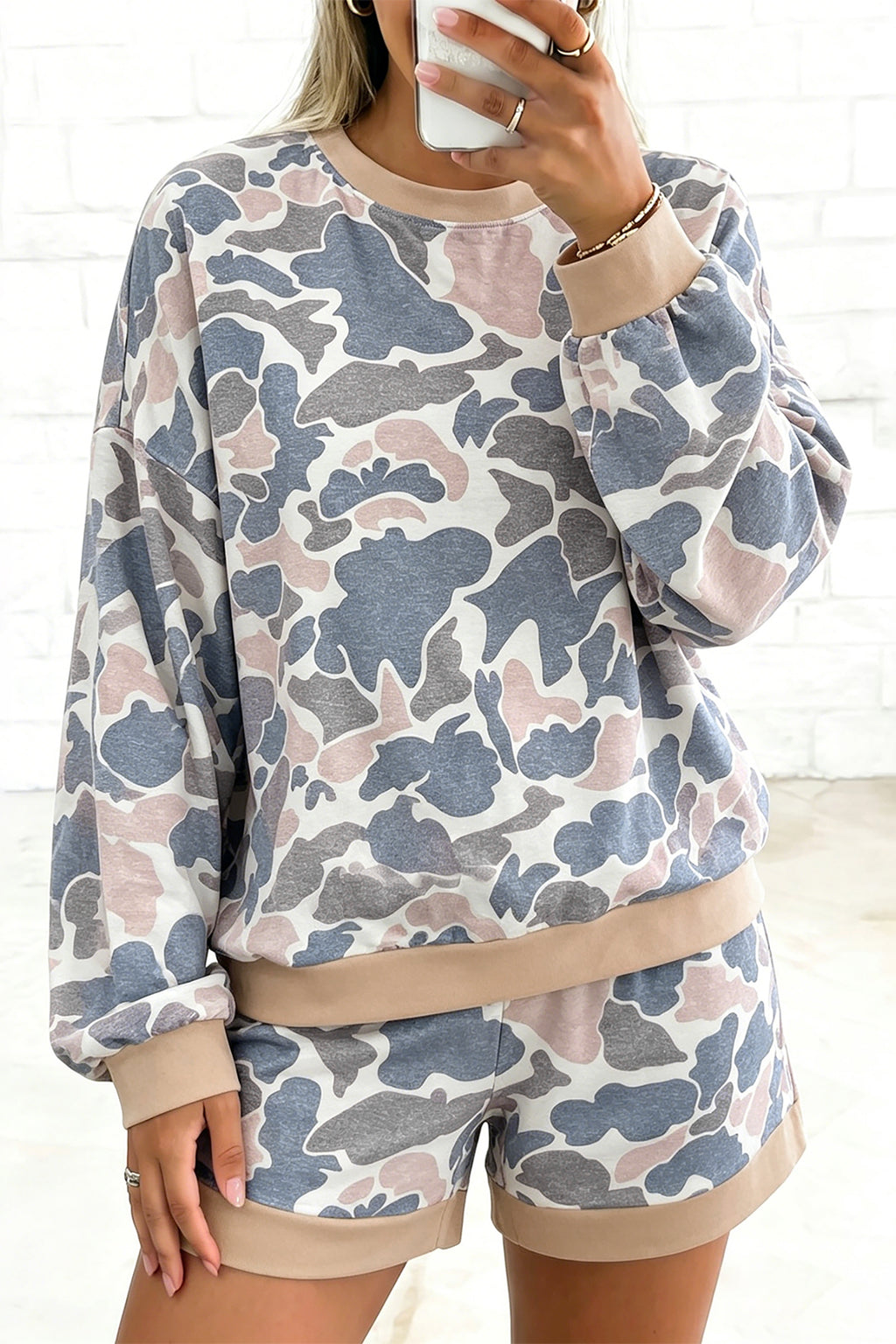 Multicolour Camouflage Patchwork Colorblock 2pcs Long Sleeve Top and Shorts Set