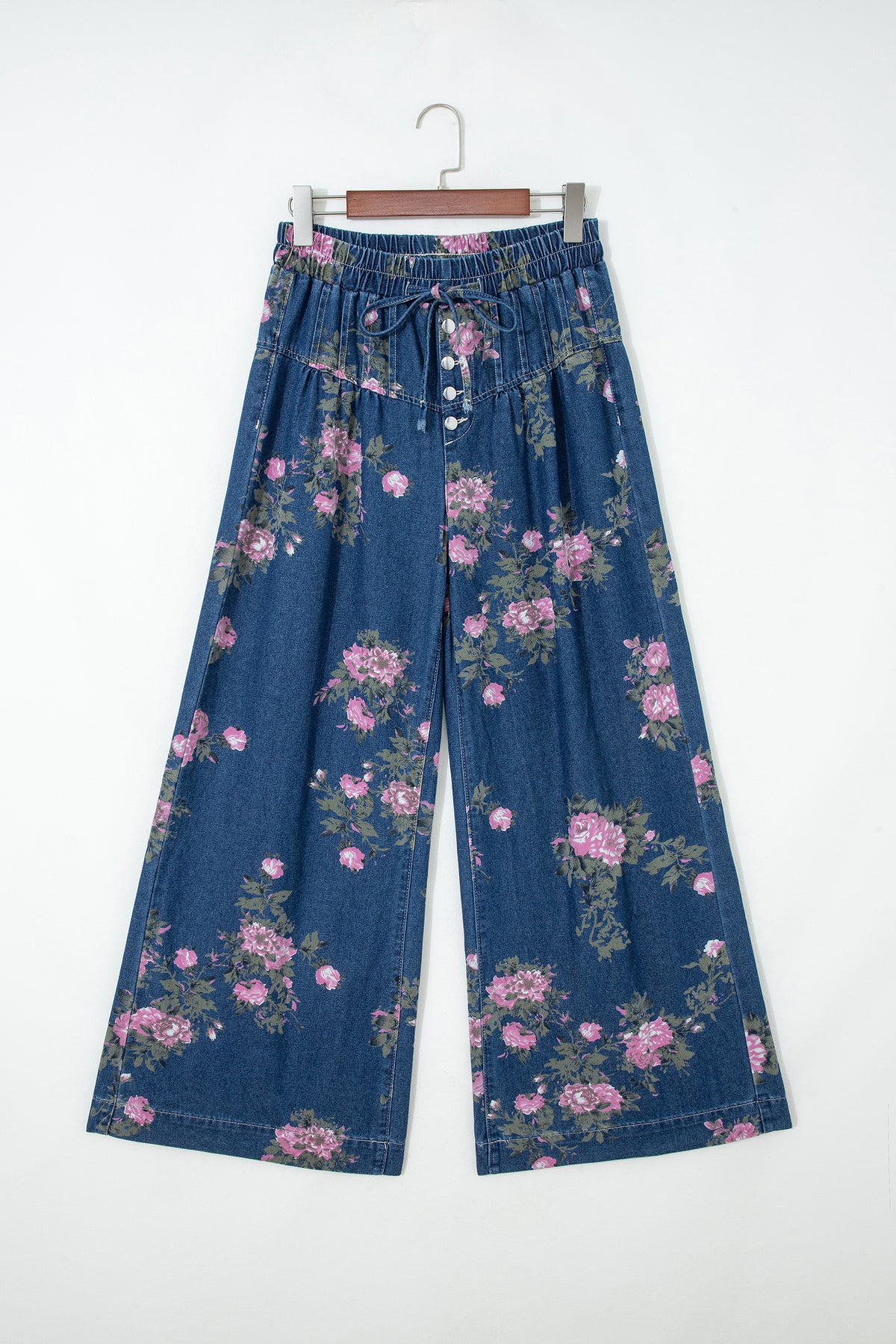 Blue Floral High-Waisted Wide-Leg Jeans