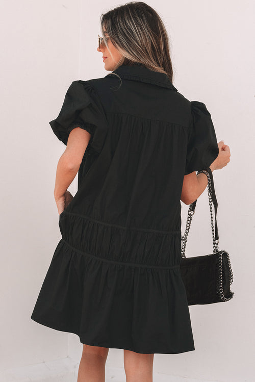 Black Cotton Puff-Sleeve Ruffle-Hem Shirt Dress