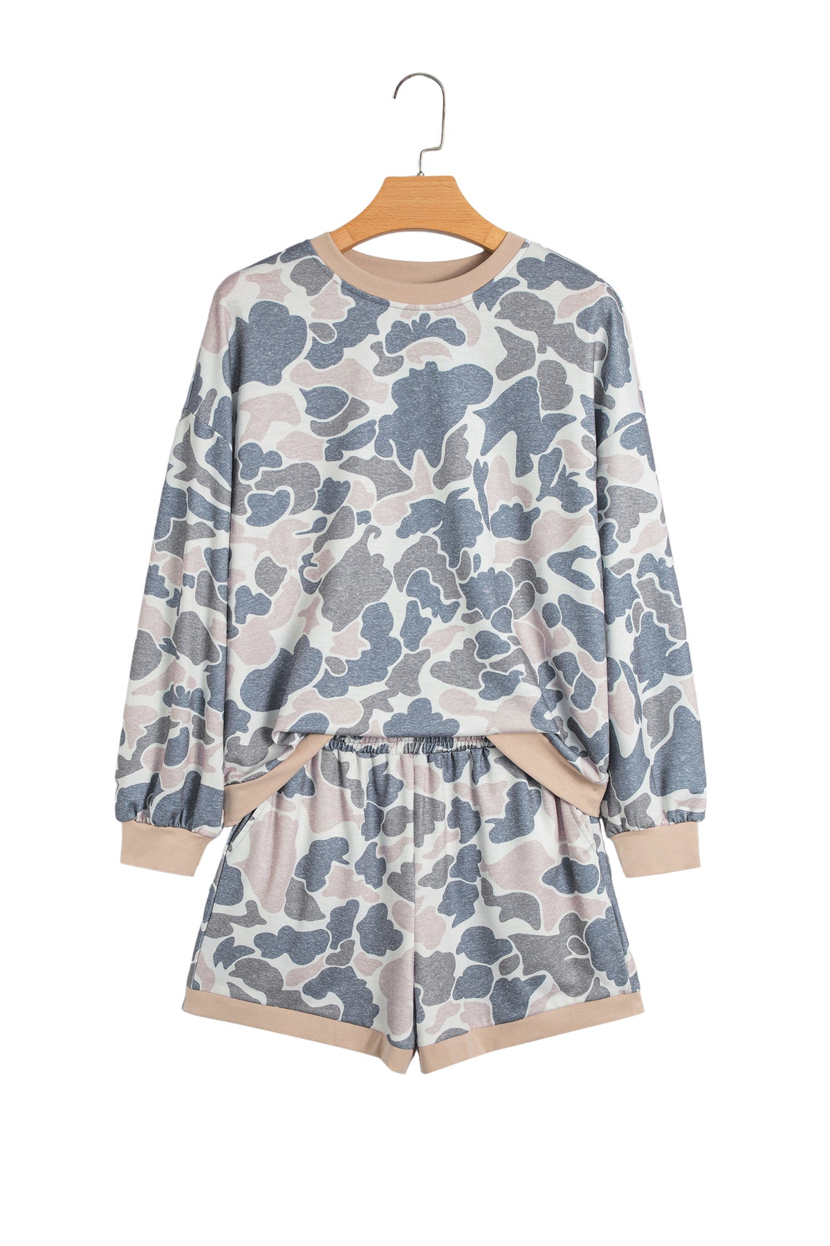 Multicolour Camo Patchwork Long-Sleeve Top and Shorts Set