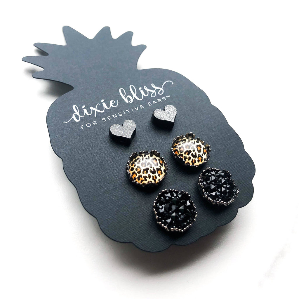 Josephine Earring Trio — Black Glitter, Amber Cheetah & Black Diamond Studs