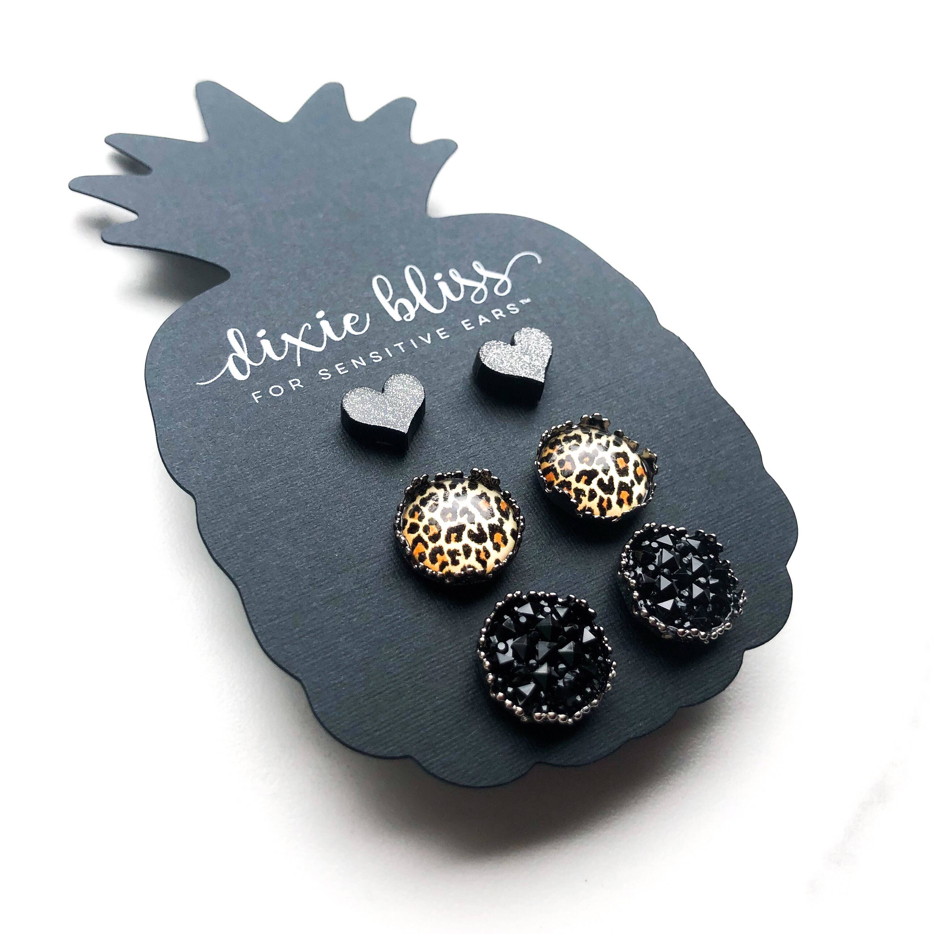 Josephine Earring Trio — Black Glitter, Amber Cheetah & Black Diamond Studs