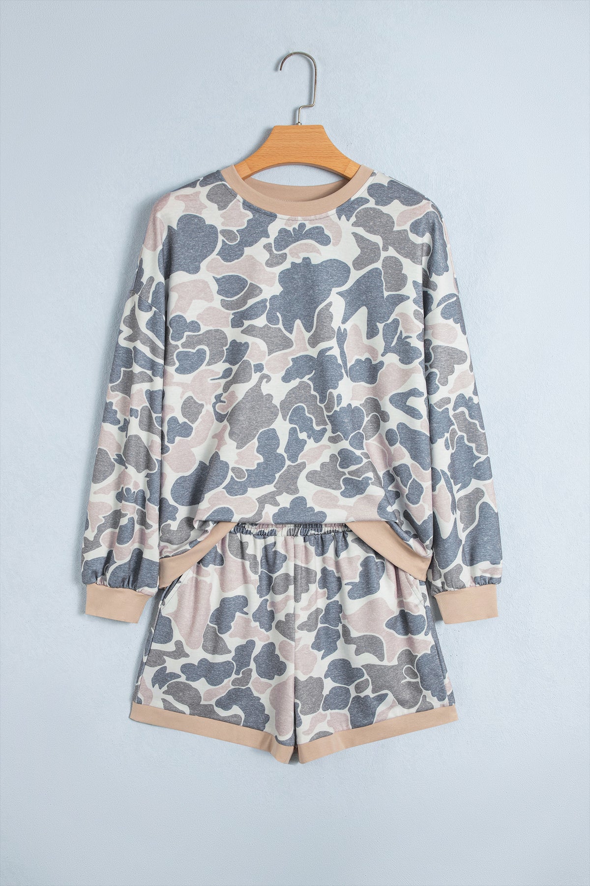 Multicolour Camo Patchwork Long-Sleeve Top and Shorts Set