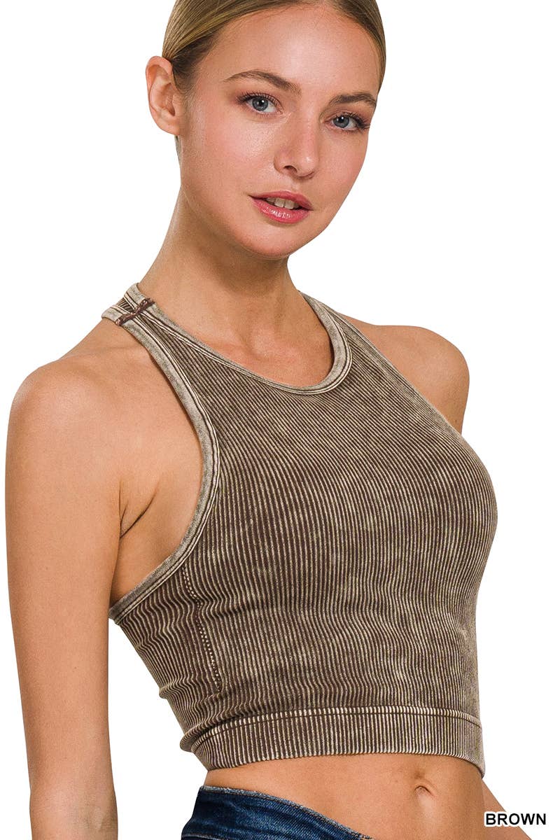 Washed Rib Seamless Halter Crop Tank