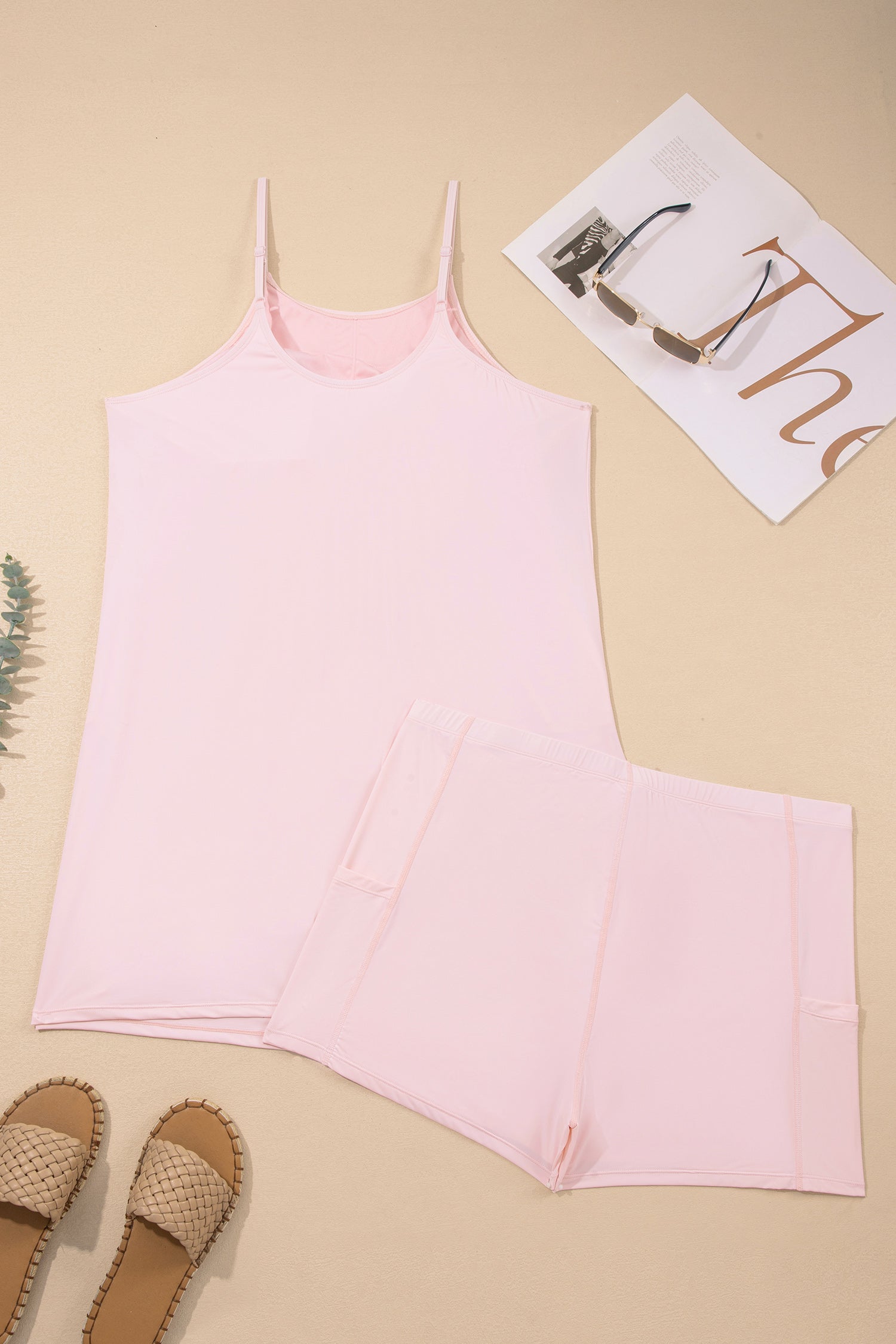 Pink Plus Size Built-in Shorts Sleeveless Dress With Short Two Piece Set