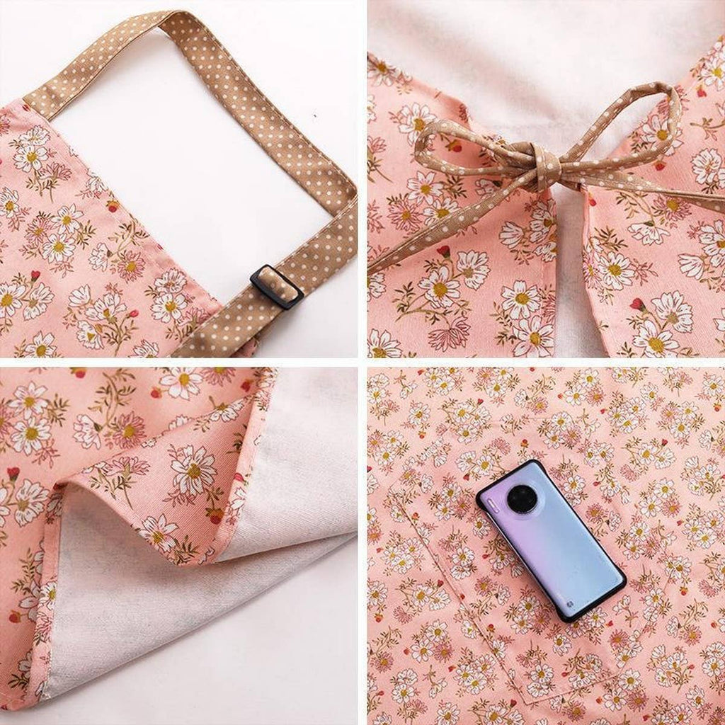 Floral Canvas Apron with Pockets — Waterproof & Oil-Proof
