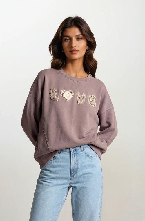 Boho "Love" Embellished Mineral Wash Sweatshirt