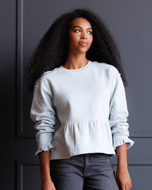 Blue Grey Peplum Sweatshirt with Ruffle Cuffs