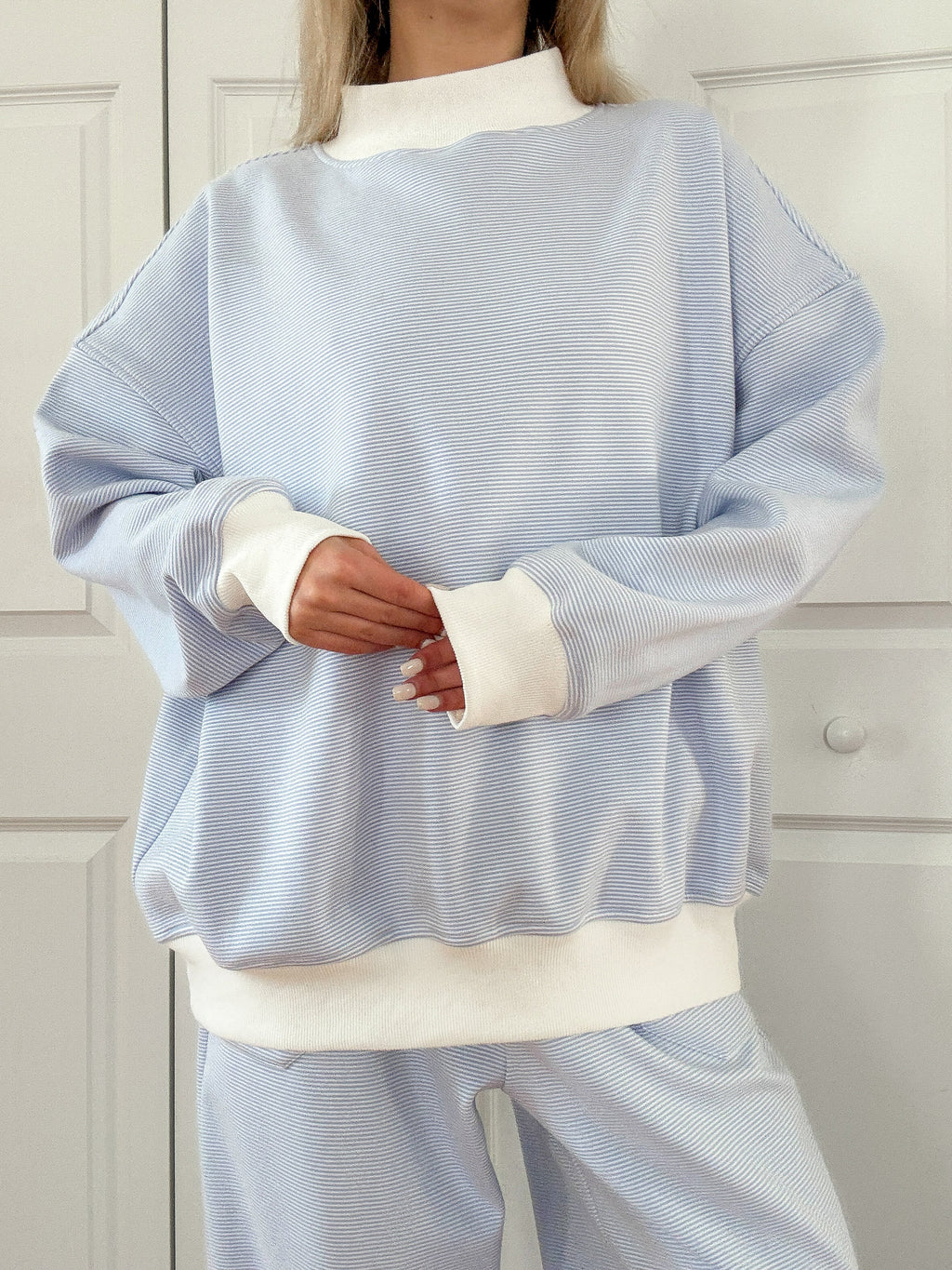 Blue and White Mini Striped Mockneck Sweatshirt