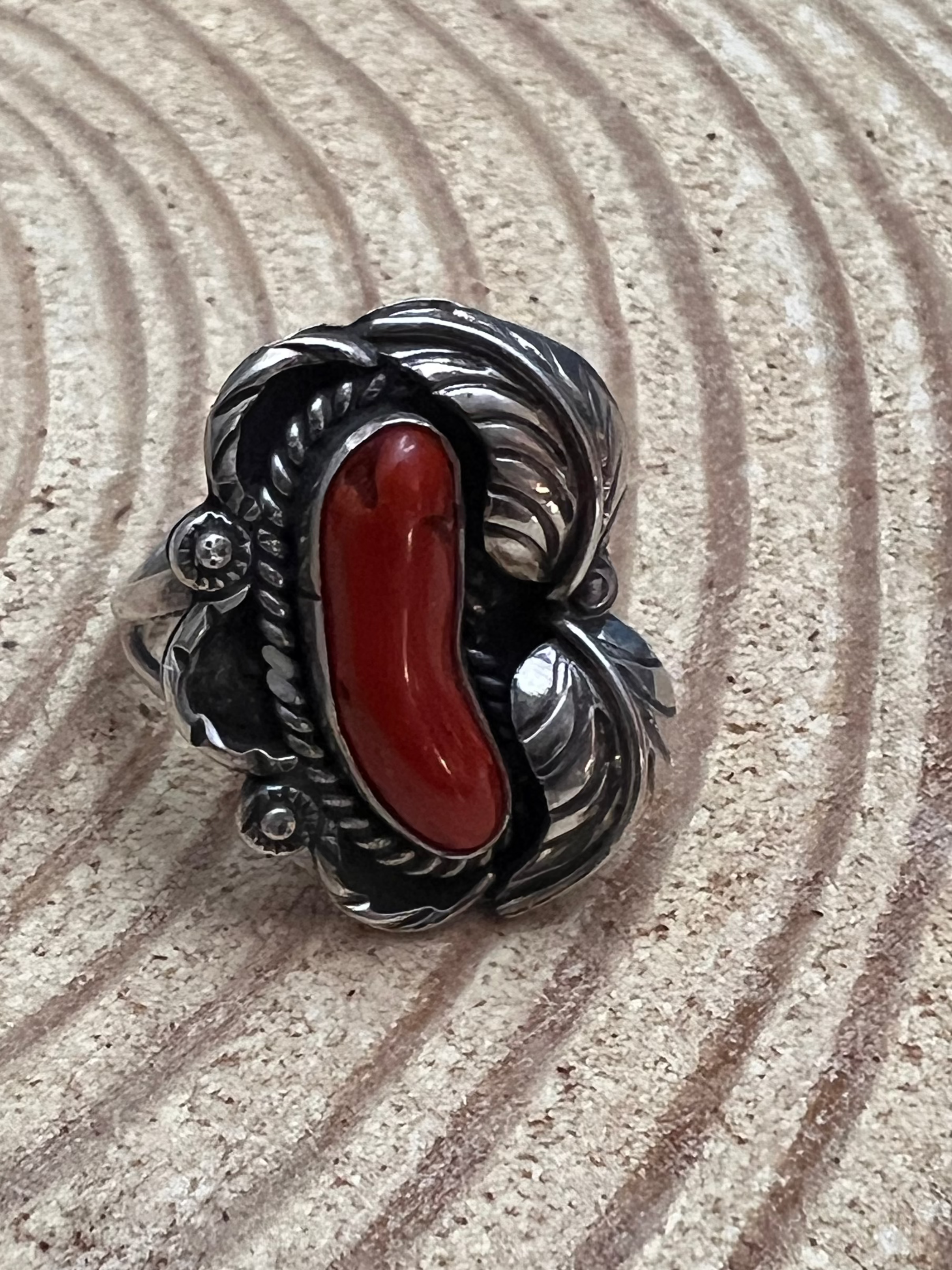 Hallmark LJ Sterling Silver Coral & Leaf Ring — Size 6 (Vintage Native American)