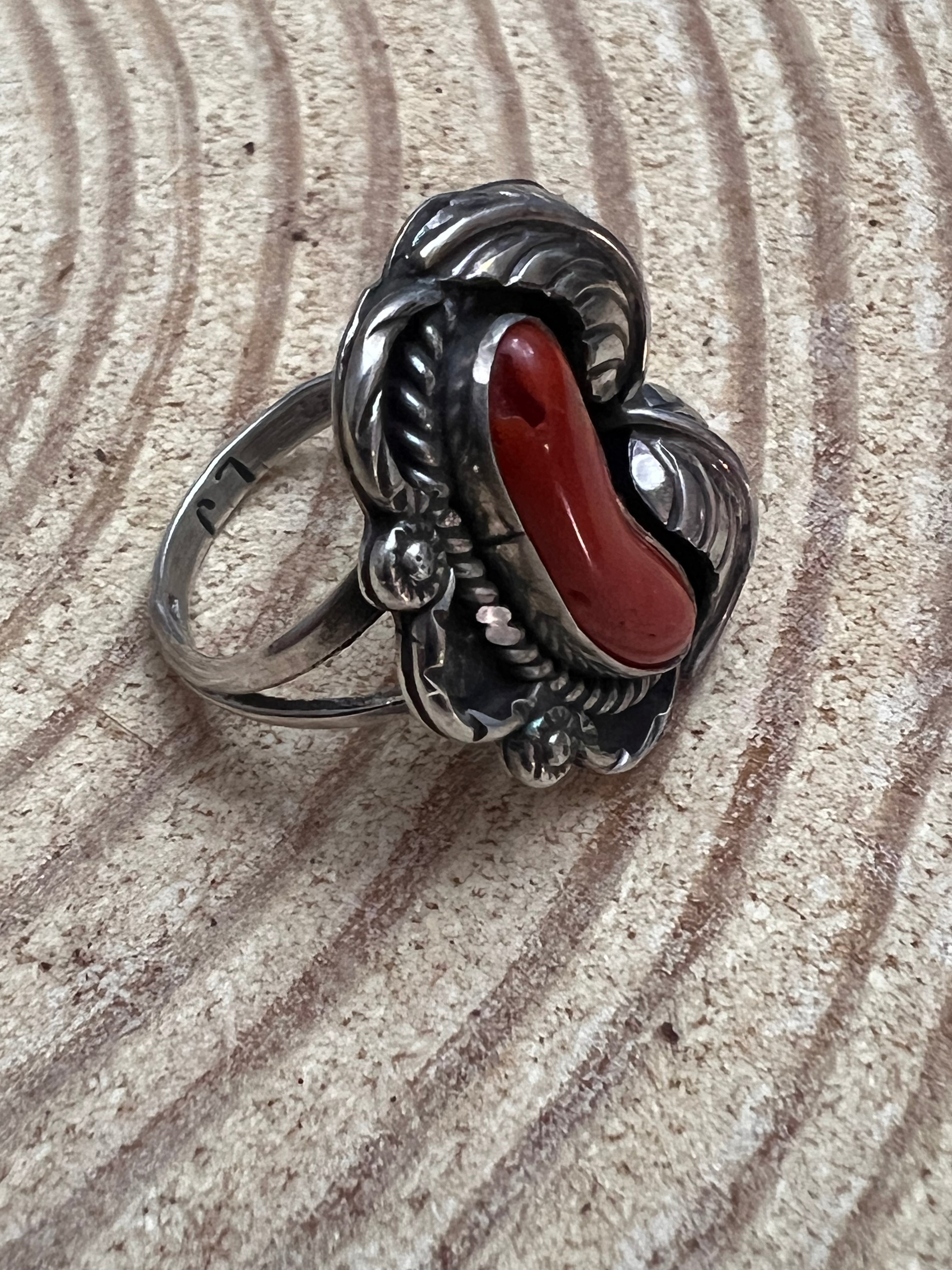 Hallmark LJ Sterling Silver Coral & Leaf Ring — Size 6 (Vintage Native American)