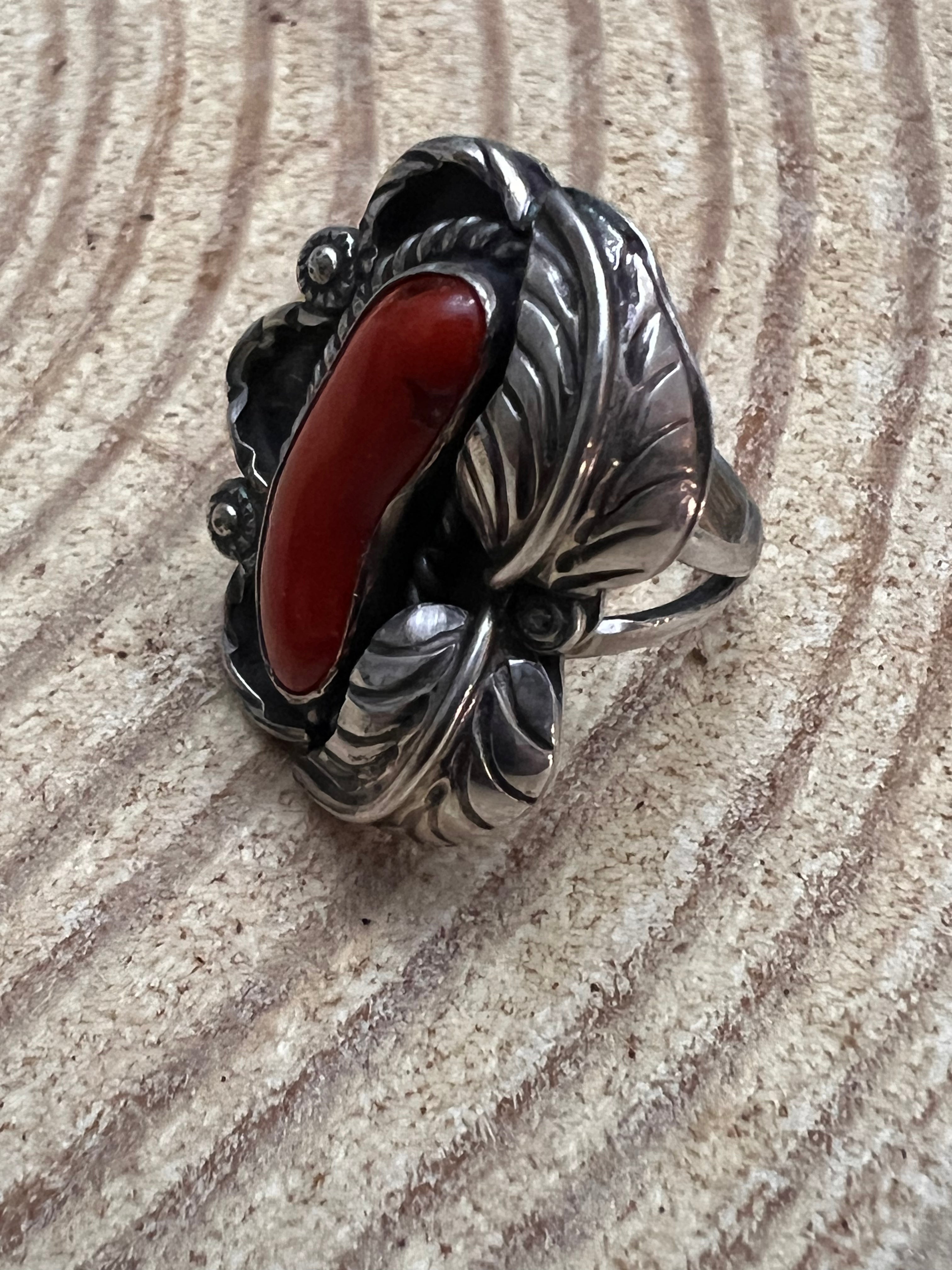 Hallmark LJ Sterling Silver Coral & Leaf Ring — Size 6 (Vintage Native American)