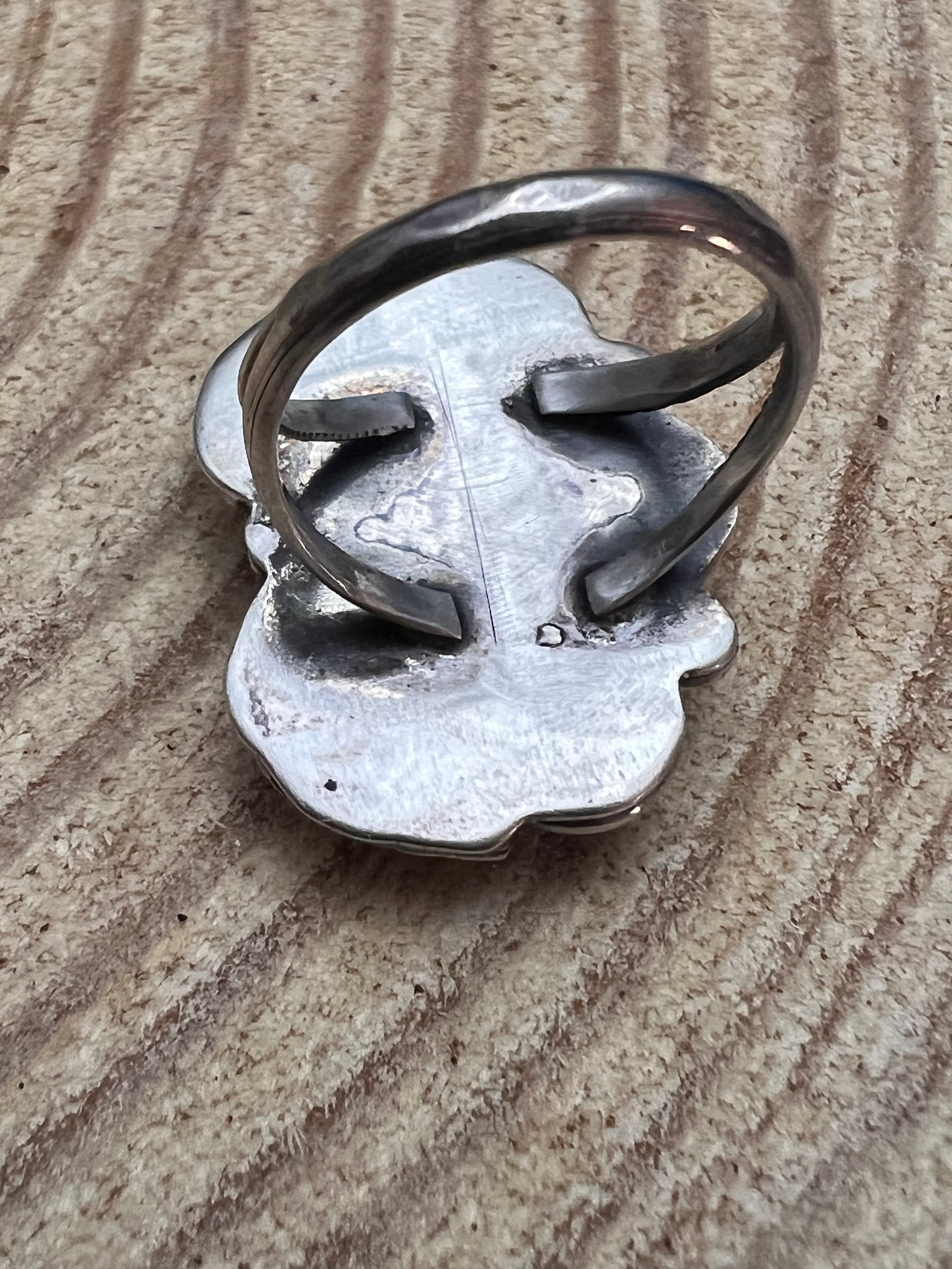 Hallmark LJ Sterling Silver Coral & Leaf Ring — Size 6 (Vintage Native American)