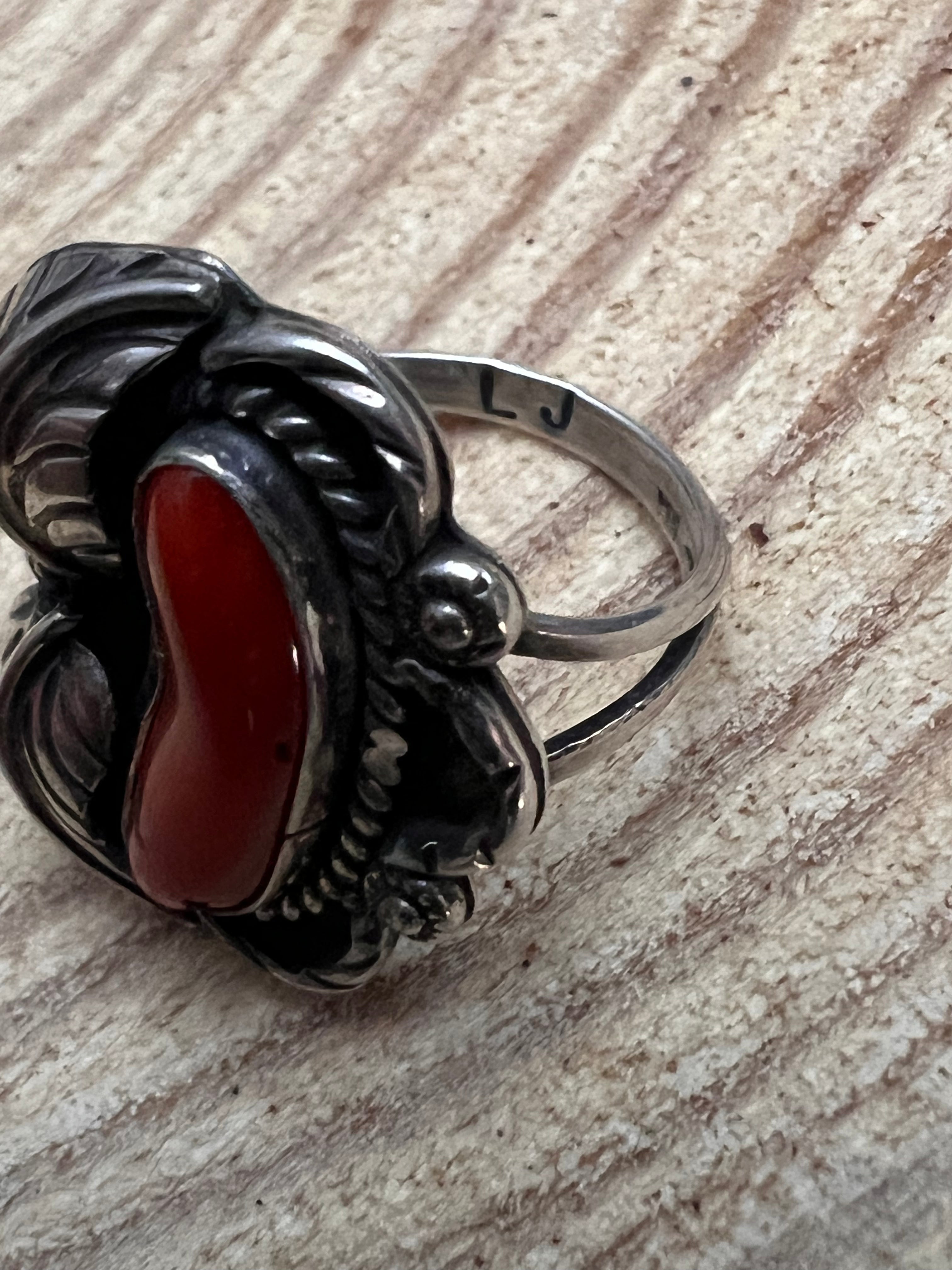 Hallmark LJ Sterling Silver Coral & Leaf Ring — Size 6 (Vintage Native American)