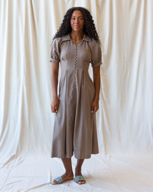 Brown Button-Down Midi Shirt Dress with Pockets