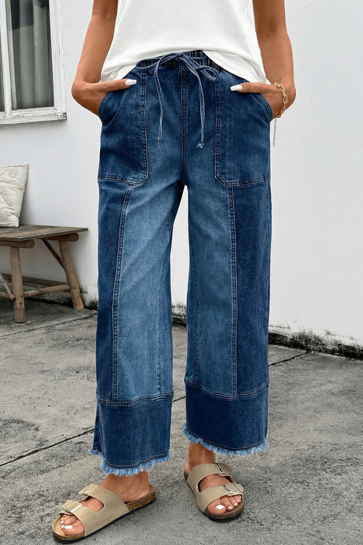 High-Waisted Drawstring Raw-Hem Wide-Leg Jeans