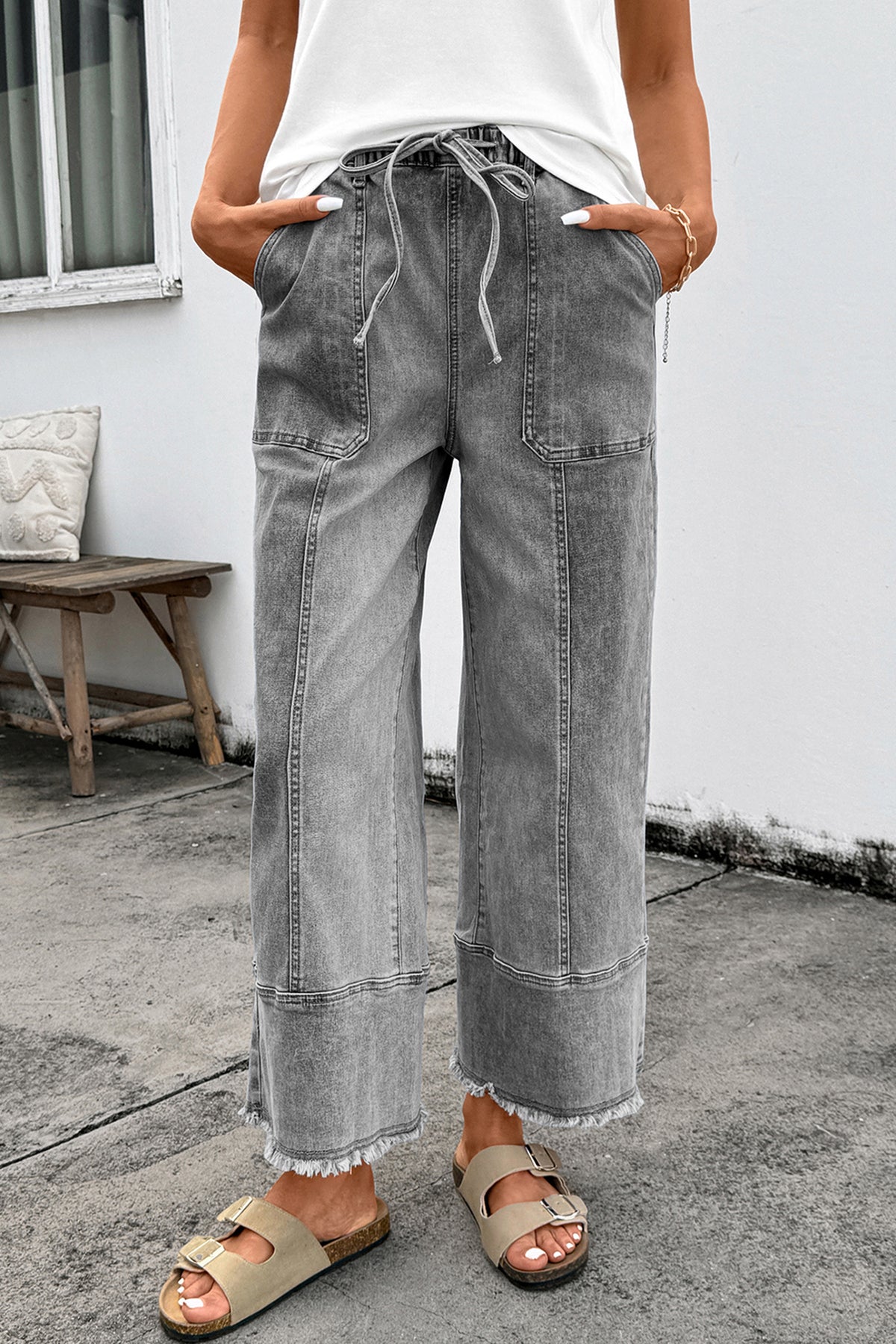 High-Waisted Drawstring Raw-Hem Wide-Leg Jeans