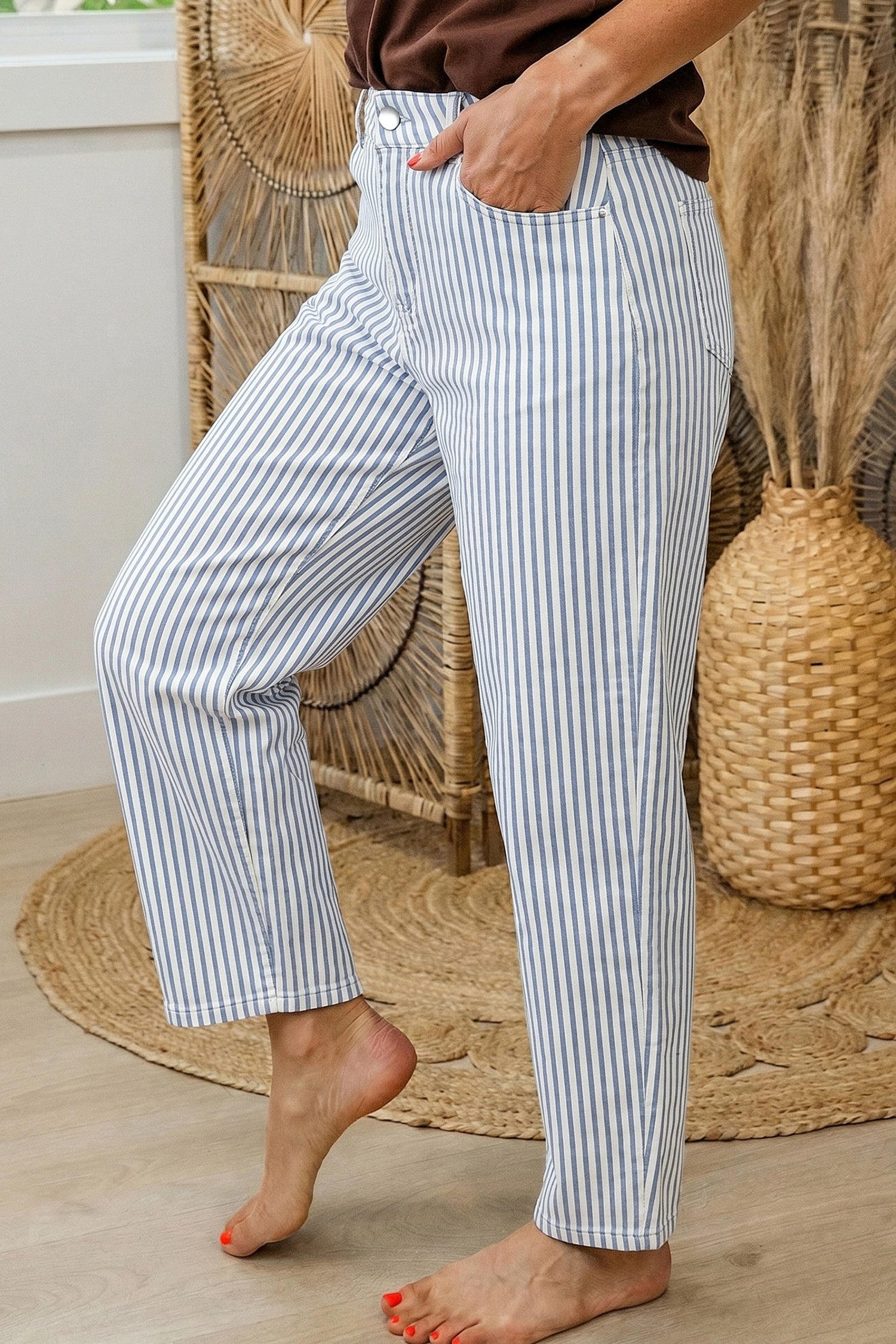 Khaki Stripe Casual Barrel Jeans