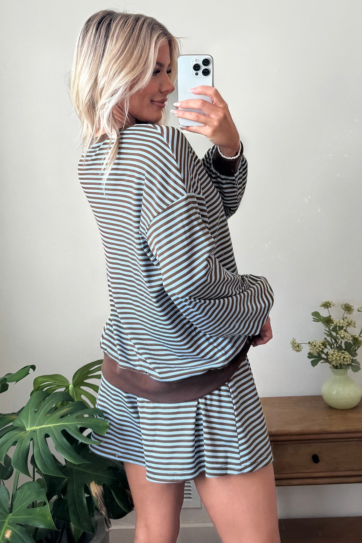 Brown Stripe Oversized Long-Sleeve Top and Drawstring Shorts Set