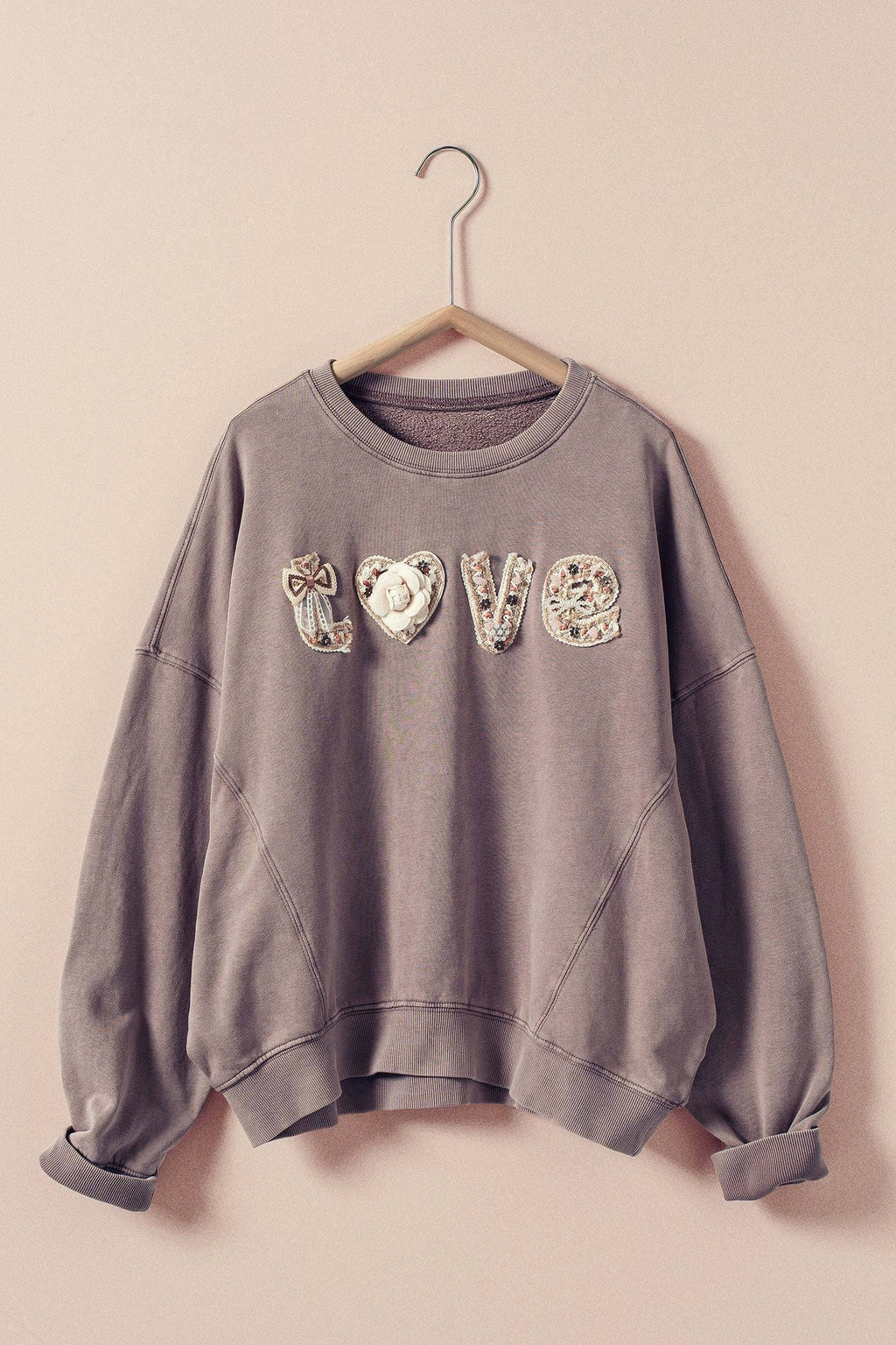 Boho "Love" Embellished Mineral Wash Sweatshirt