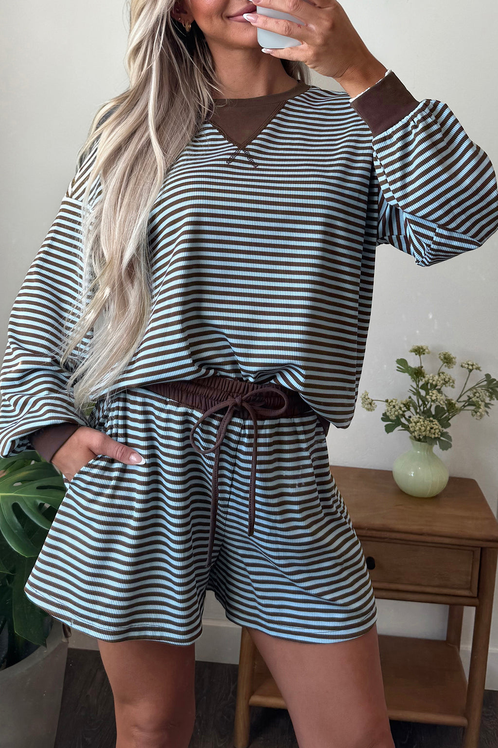 Brown Stripe Oversized Long-Sleeve Top and Drawstring Shorts Set