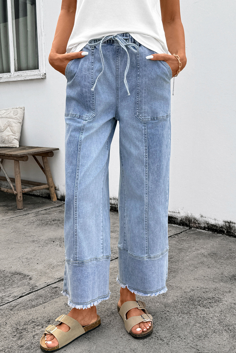High-Waisted Drawstring Raw-Hem Wide-Leg Jeans