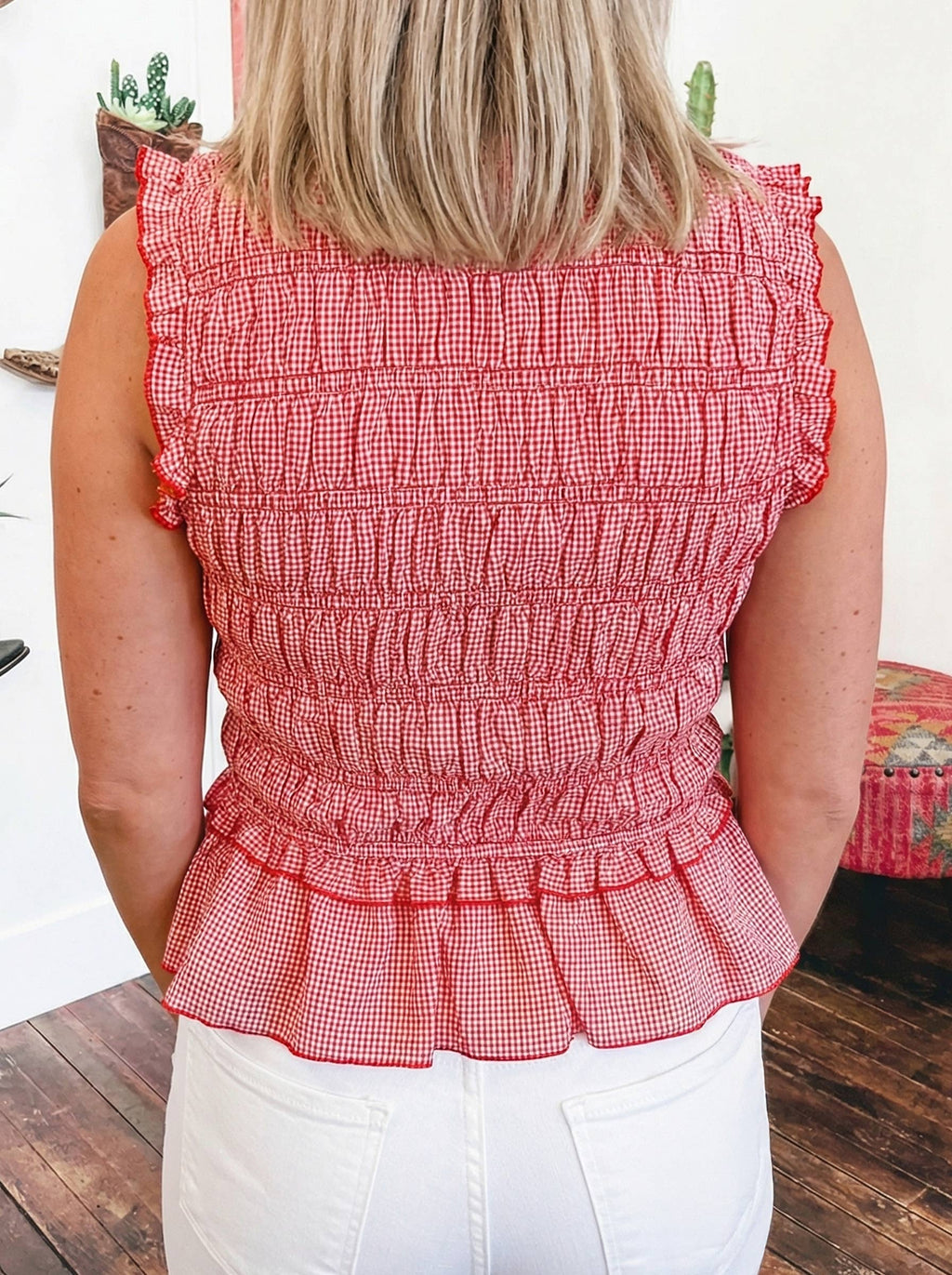 Smocked Gingham Ruffle Hem Tank Top