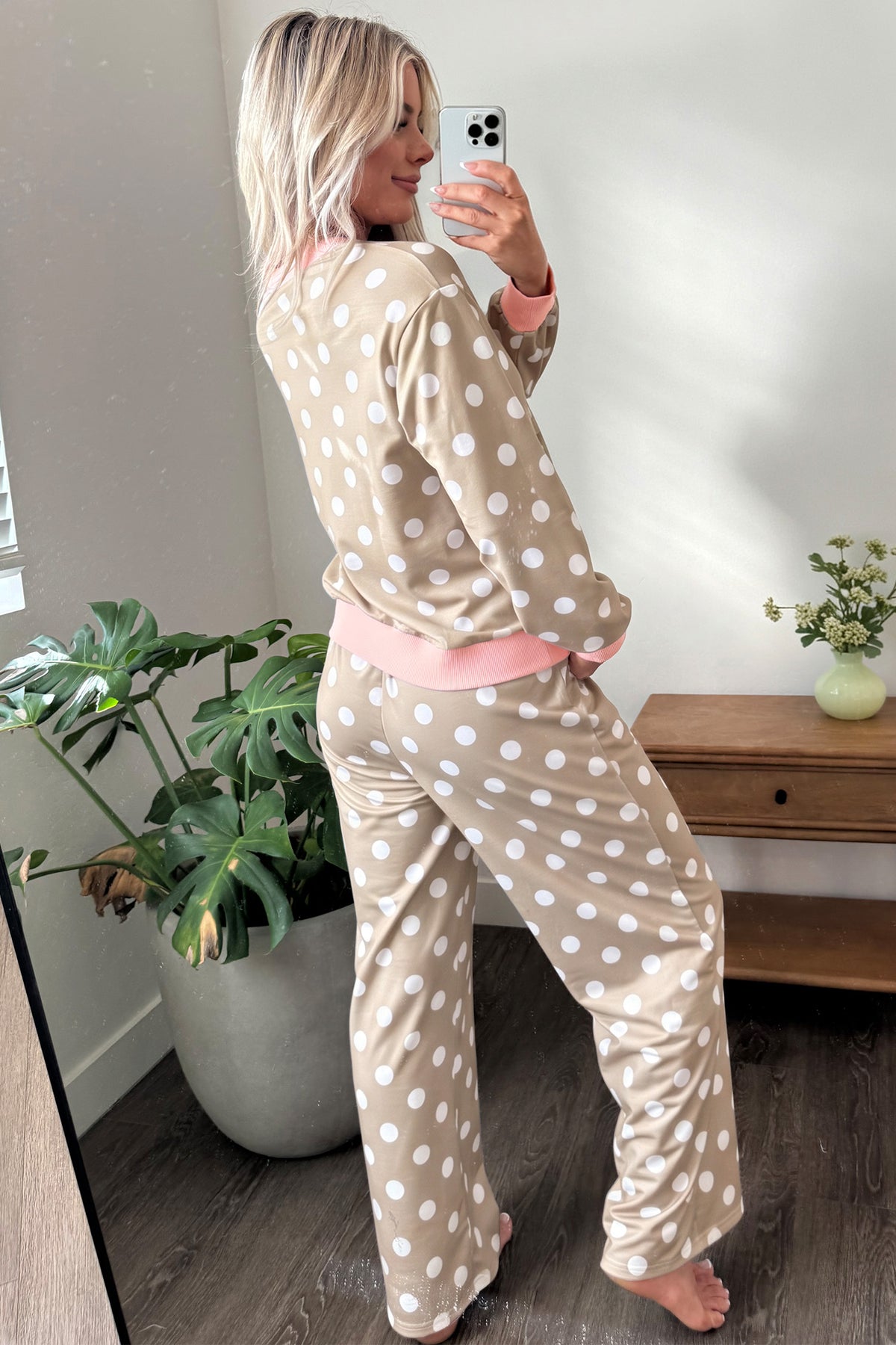 Khaki Polka-Dot Contrast-Trim Top and Drawstring Pants Set