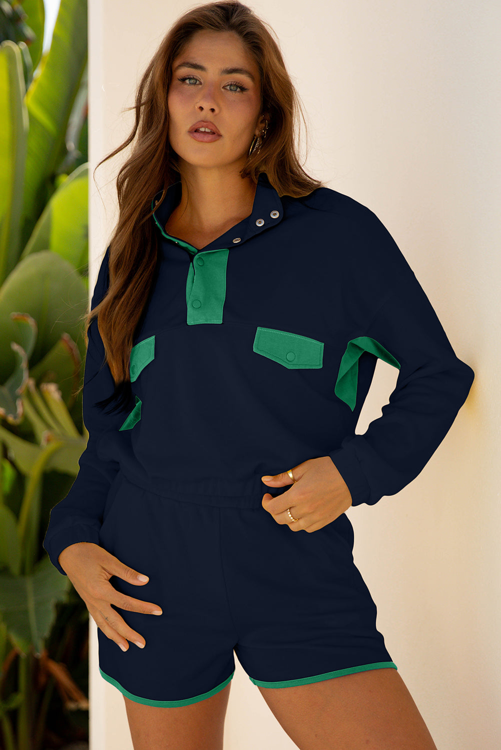 Black Color Block Patchwork Half Button Pullover and Shorts 2pcs Outfit