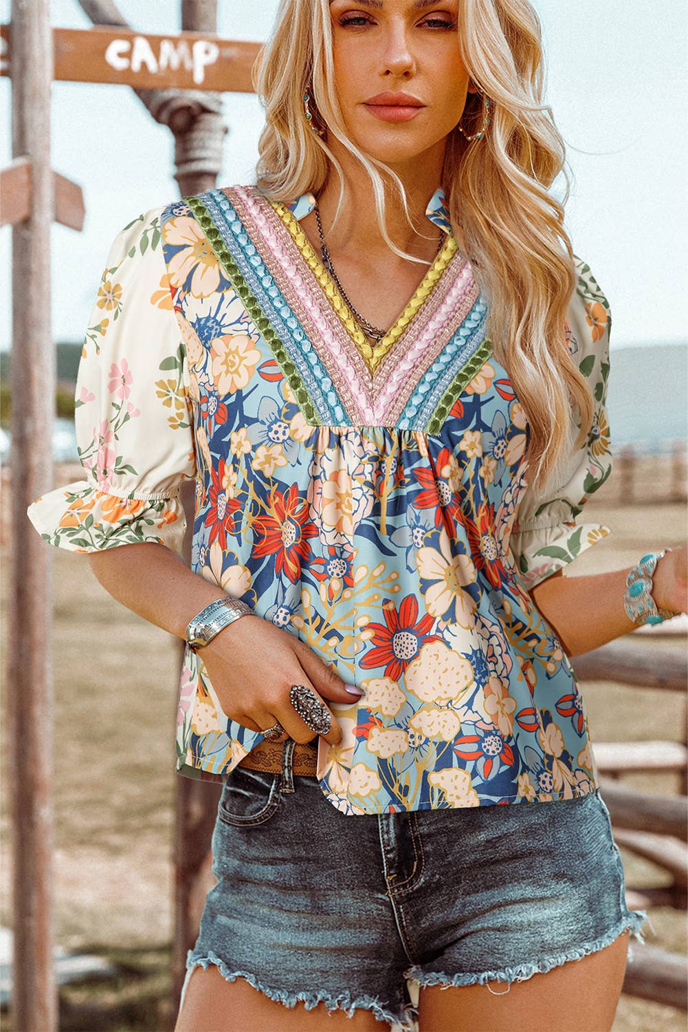 Boho Floral Crochet Half Sleeve Blouse