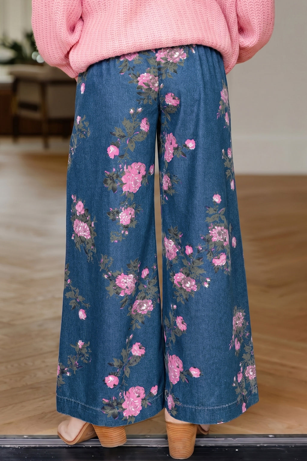 Blue Floral High-Waisted Wide-Leg Jeans