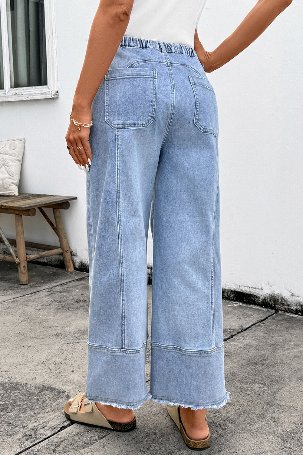 High-Waisted Drawstring Raw-Hem Wide-Leg Jeans
