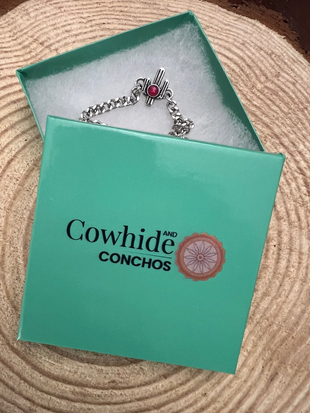 Western Cactus & Pink Stone Cuban Chain Bracelet