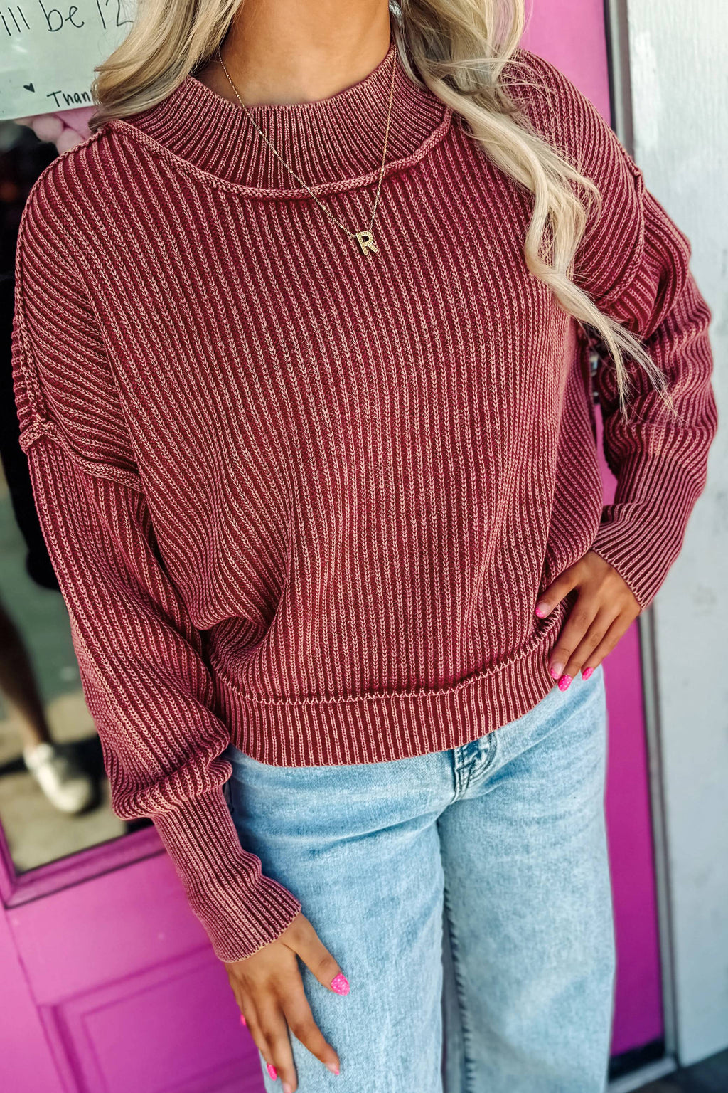 Red Dahlia Ribbed High-Neck Sweater