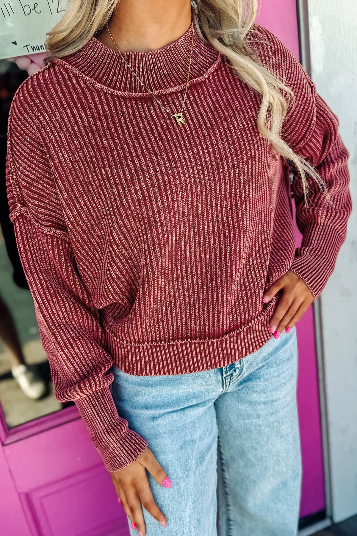 Red Dahlia Ribbed High-Neck Sweater