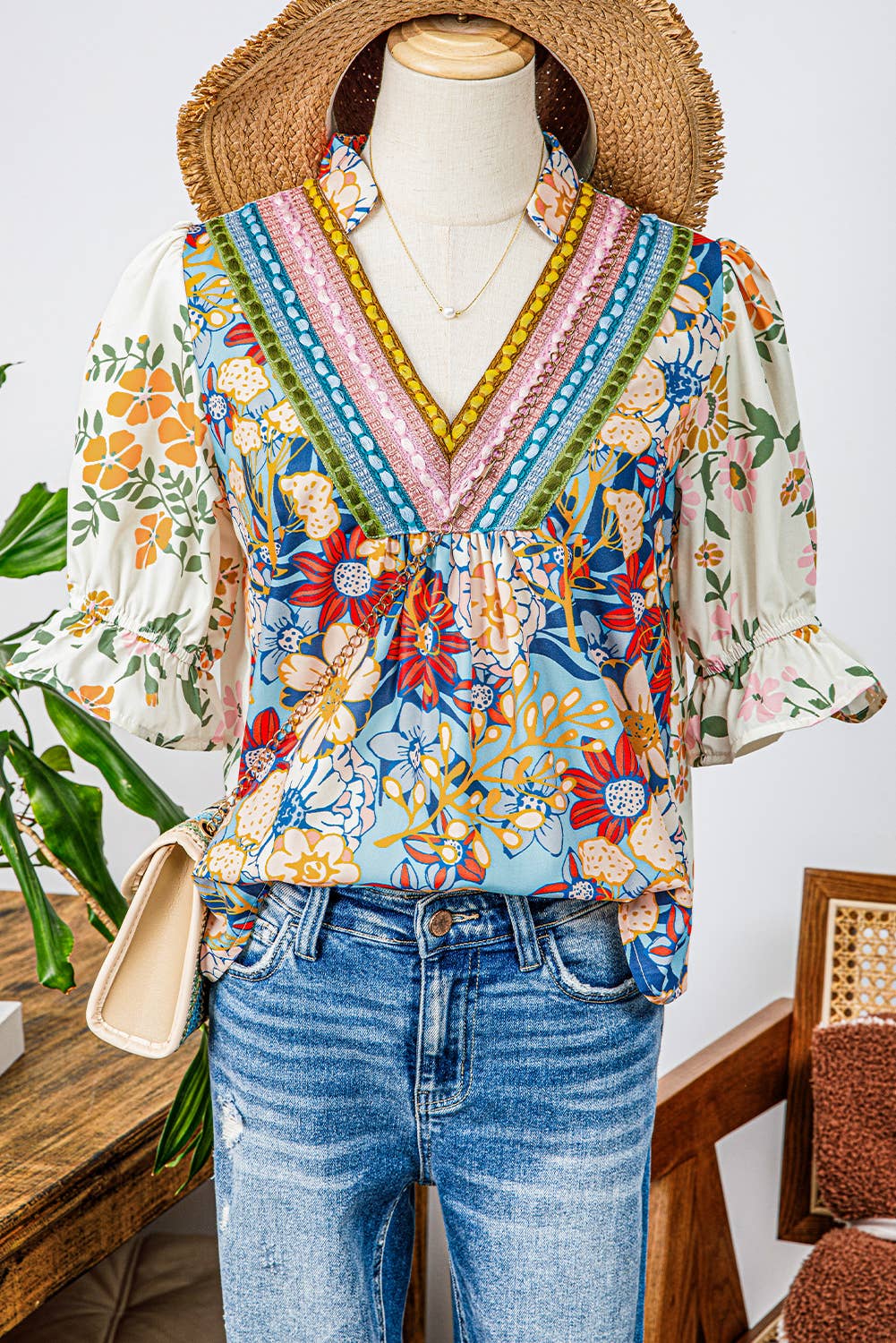 Boho Floral Crochet Half Sleeve Blouse