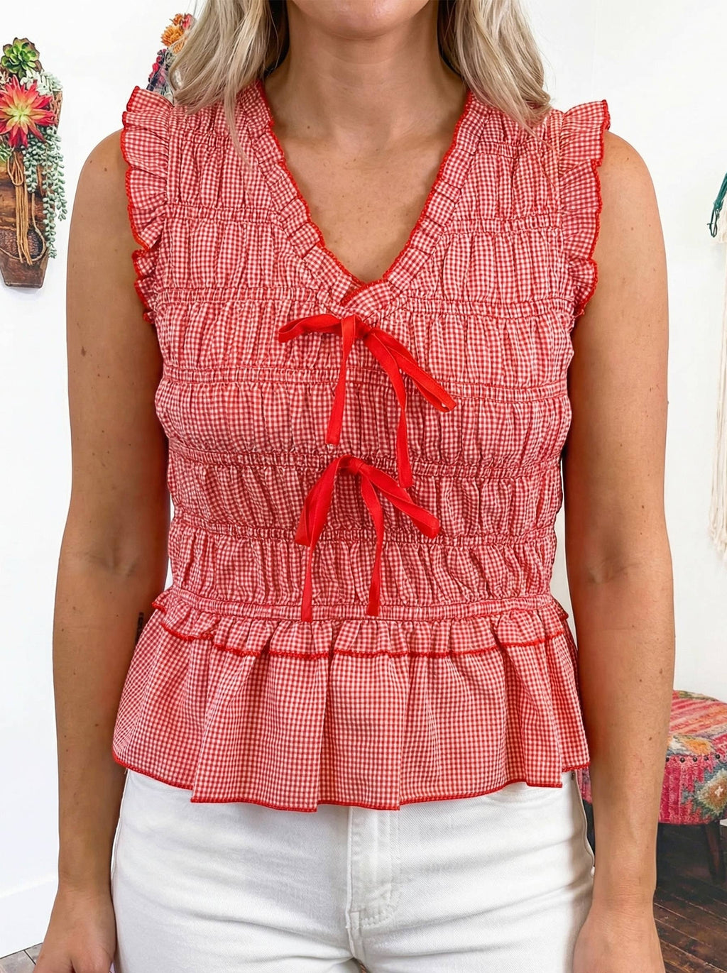 Smocked Gingham Ruffle Hem Tank Top