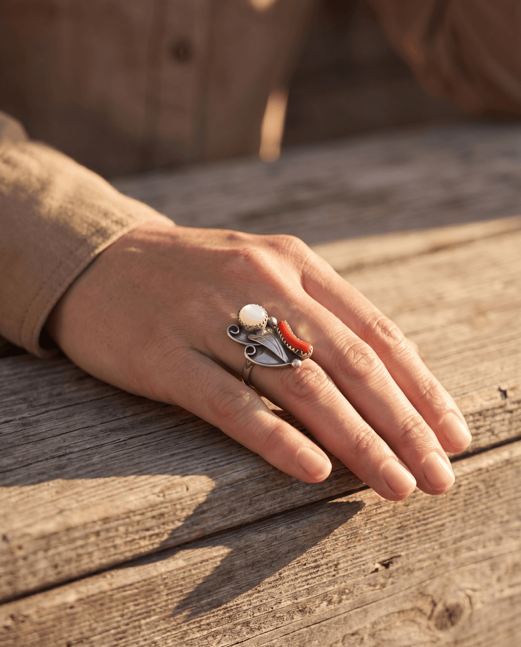 Coral & Mother of Pearl Sterling Silver Flower-Style Ring — Size 5