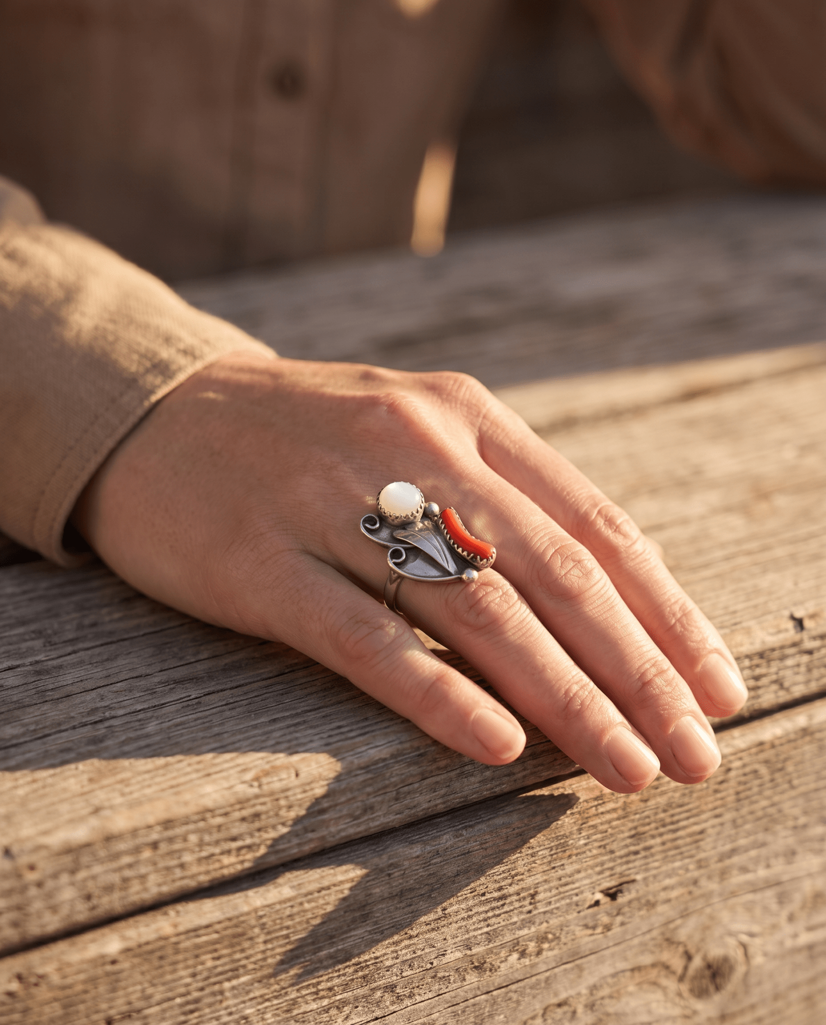Coral & Mother of Pearl Sterling Silver Flower-Style Ring — Size 5